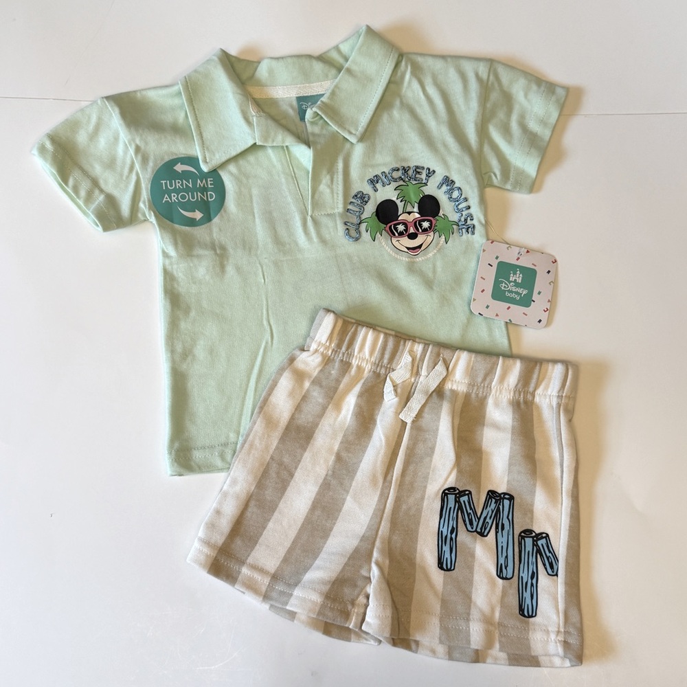 Disney Mickey Mouse Baby 2pc set Green printed Polo and beige striped shorts NWT